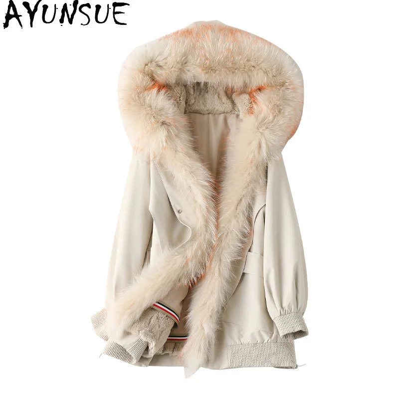 

Winter Jacket Women Hooded Real Rex Rabbit Fur Liner Parkas Female Raccoon Fur Collar Coats Casaco Feminino Gxy811