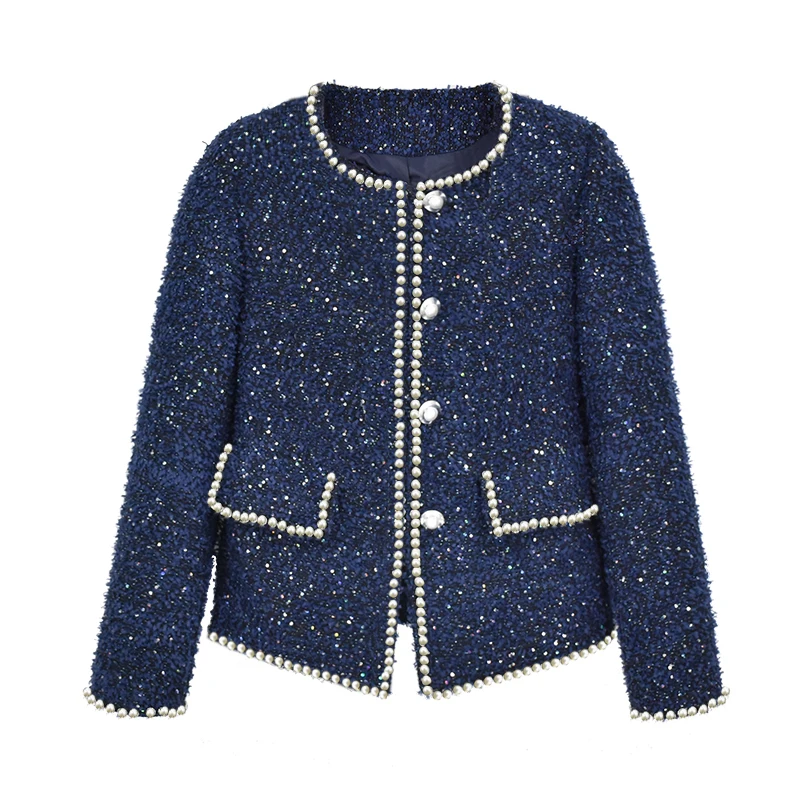 

Navy blue tweed jacket beaded 2020 spring / autumn women's jacket outside the body slim autumn / winter lady's tweed coat