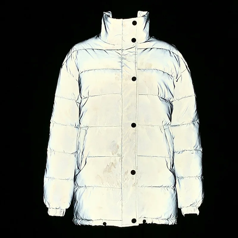 

HAOYUAN Women Winter Jacket Warm Clothes Silver Reflective Puffer Jacket Cotton Padded Oversized Standard Collar Bubble Coat