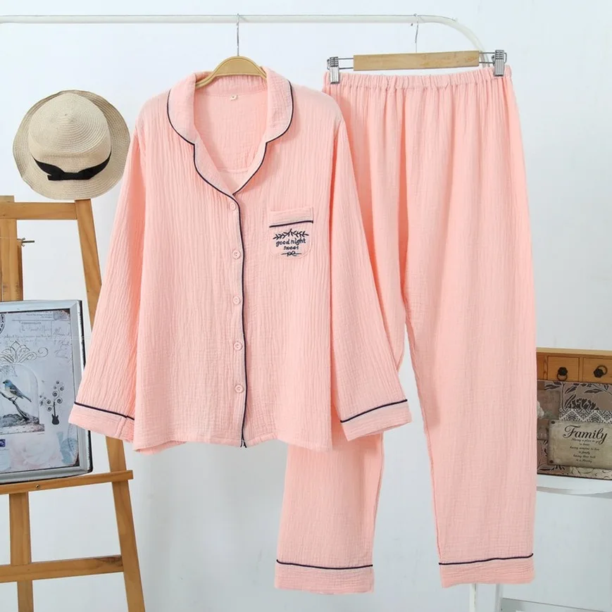 

Pure Cotton Washed Gauze, Long-sleeved Trousers, Home Suit,Spring, Summer and Autumn Pure Cotton Three-color Embroidery Pajamas