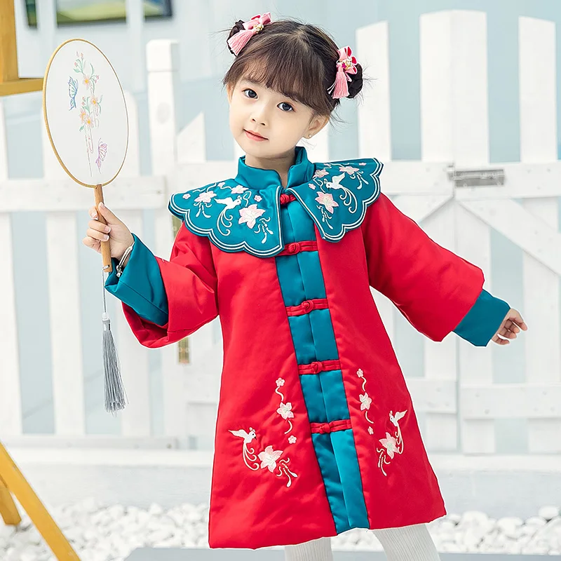 

Girl's Hanfu Quilted Dress winter Keep Warm Children Embroidery Dress Kids Christmas Dress Princess New Year's Wear