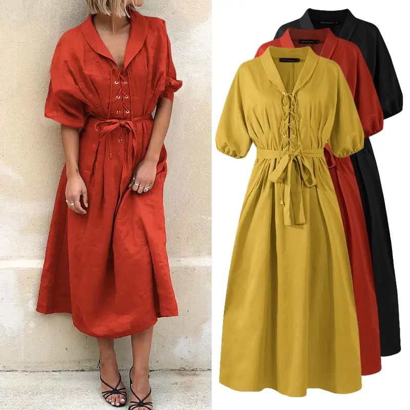 

Summer Sundress Celmia Women Lapel Neck Short Sleeve Belted Elegant Party Maxi Dress Casual Solid Lace Up Beach Vestidos Robe
