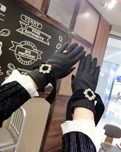 SP&ampCITY Rhinestone Buckle Tassels Cashmere Gloves For Phone Thick Keep Warm Women Winter Ring Mittens Fashion Ladies | Аксессуары для