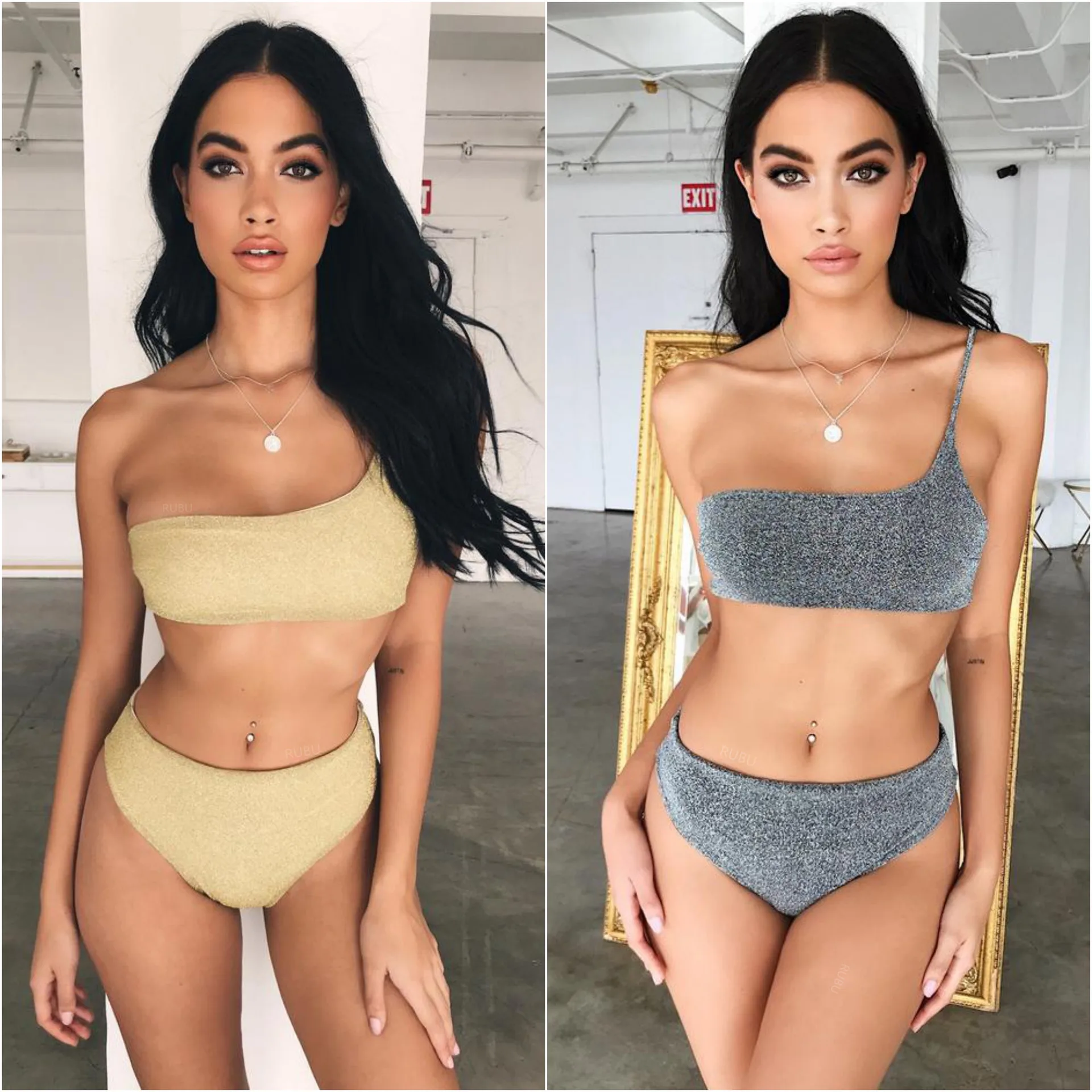

Sexy Shiny Sparkling High Waist Bikini Female Swimsuit Women Swimwear Two-piece Bikini set One Shoulder Bathing Suit 2020 bikini