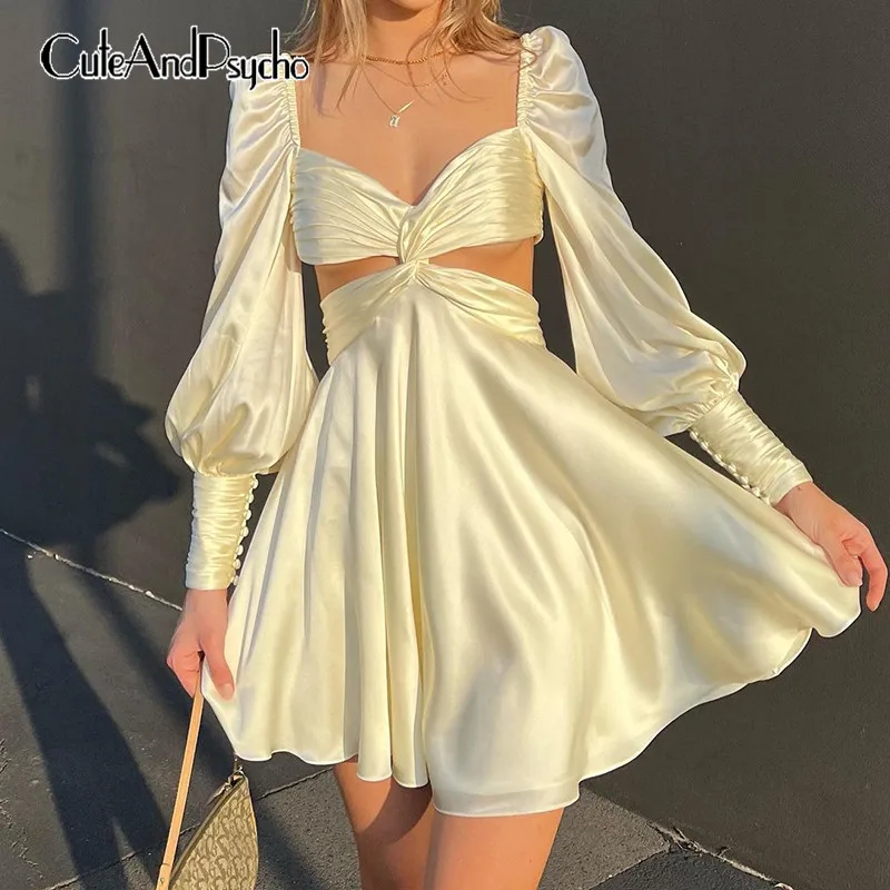 

Party Elegant Hollow Out Dresses Club Puff Sleeves Backless Sexy Clothes Solid Y2K Aesthetic Kawaii Mini Dresses Cuteandpsycho
