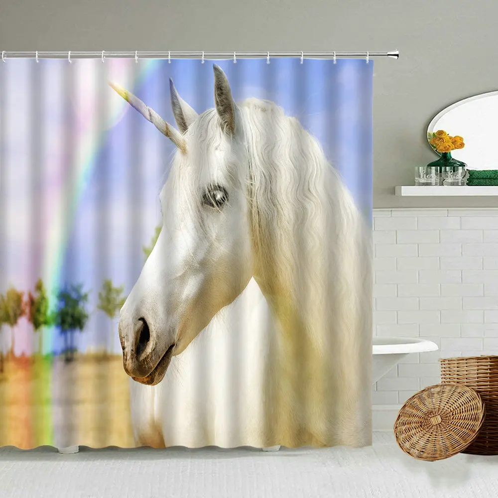 

Занавеска для душа с рисунком белого лошади, единорога, животного, тематика мечты, радуги, приключения, украшение для ванной комнаты с крючк...