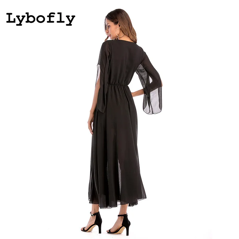 Женское летнее платье макси шифоновое однотонное длинное вечернее с v образным