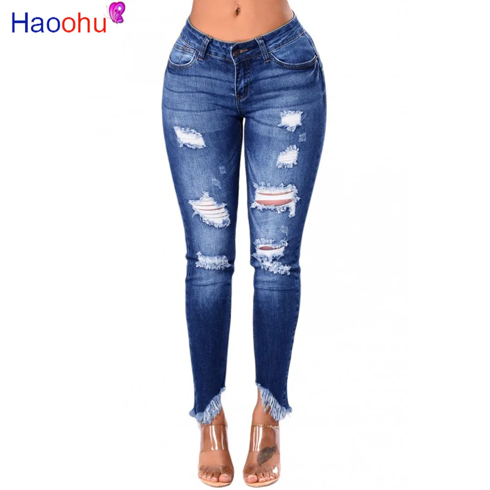 

HAOOHU Womens Stretch Skinny Ripped Hole Washed Denim Jeans Female Slim Leggings Low Waist Tassels Bottom Pencil Pant Trousers