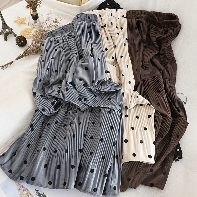 Женская юбка из велюра в горошек элегантная плиссированная с высокой талией для