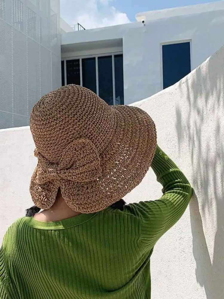 

Ladies Straw Hat Bowknot Hollow Sandal Hat Foldable Hand-Woven Sun Hat Literary Holiday Beach Hat Hidden Multicolor