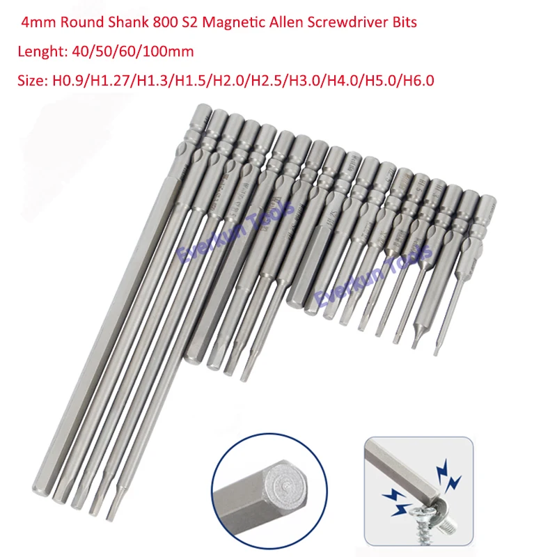 1Pcs 4mm Round Shank 800 S2 Magnetic Allen Screwdriver Bits Lenght 40/50/60/100mm Metric H0.9-H6.0 Electric Repair Tools Hex Key