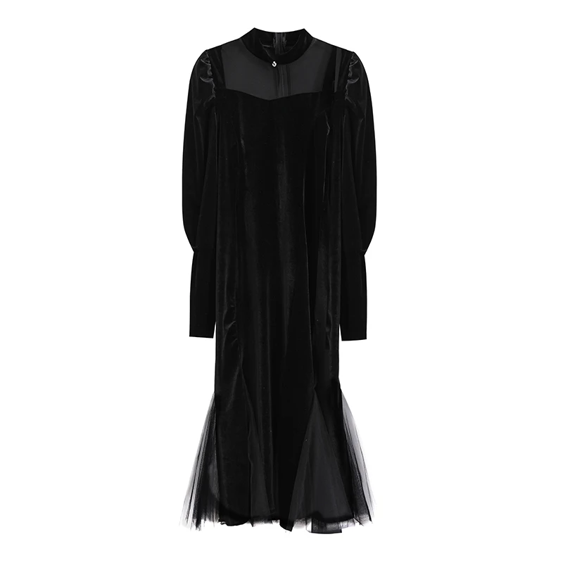 

Mesh stitching velvet black dress autumn winter long-sleeved temperament waist mid-length package hip fishtail dress trend