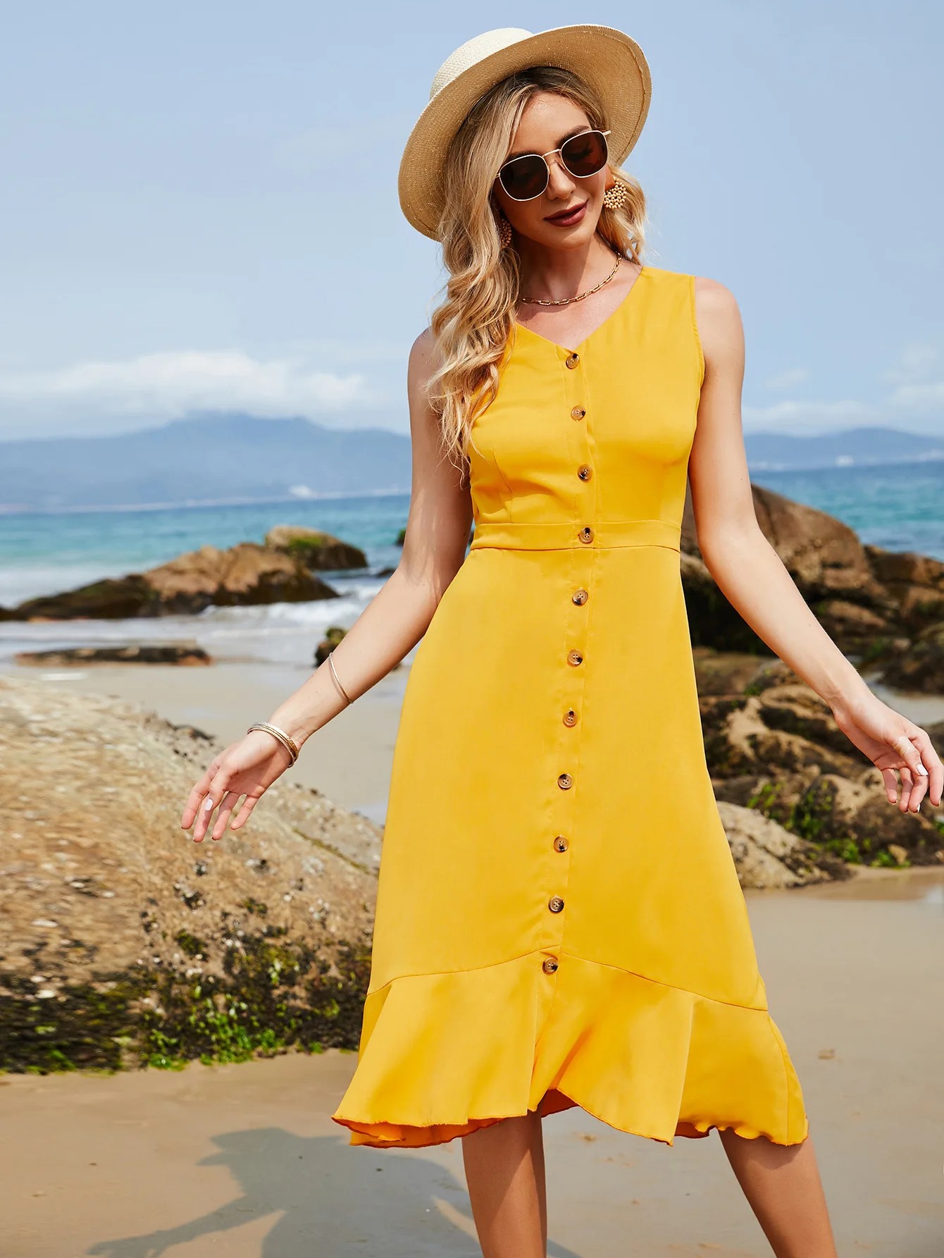 

Женское элегантное однотонное платье без рукавов, летнее дизайнерское офисное платье на пуговицах с круглым вырезом, модное повседневное э...