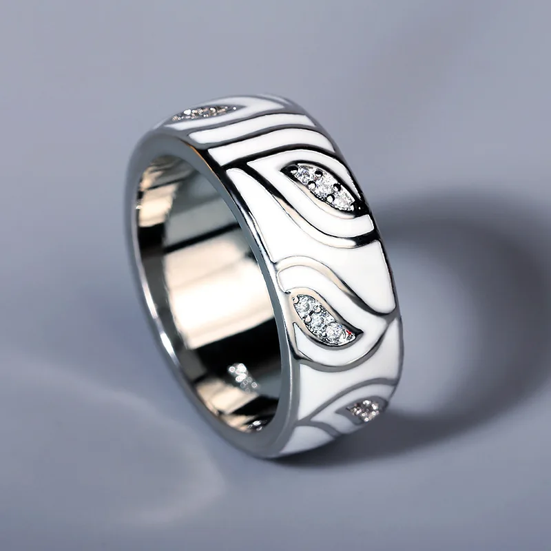 

Creative Bohemia Female Silver Color Wedding Bands Ring White Handmade Enamel Cocktail Party Rings for Woemen Zirconia Jewelry