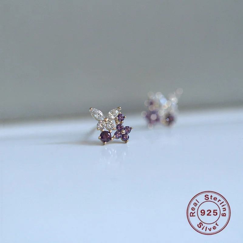 

925 Silver Lavender Butterfly Stud Earrings Women Exquisite Luxury Zircon Jewelry Accessories Korean Charm 14K Earrings Women
