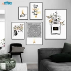 Плакат с изображением Парижа, золотистые и черные цветы, женские духи, настенная живопись, Картина на холсте, Современное украшение для дома в скандинавском стиле