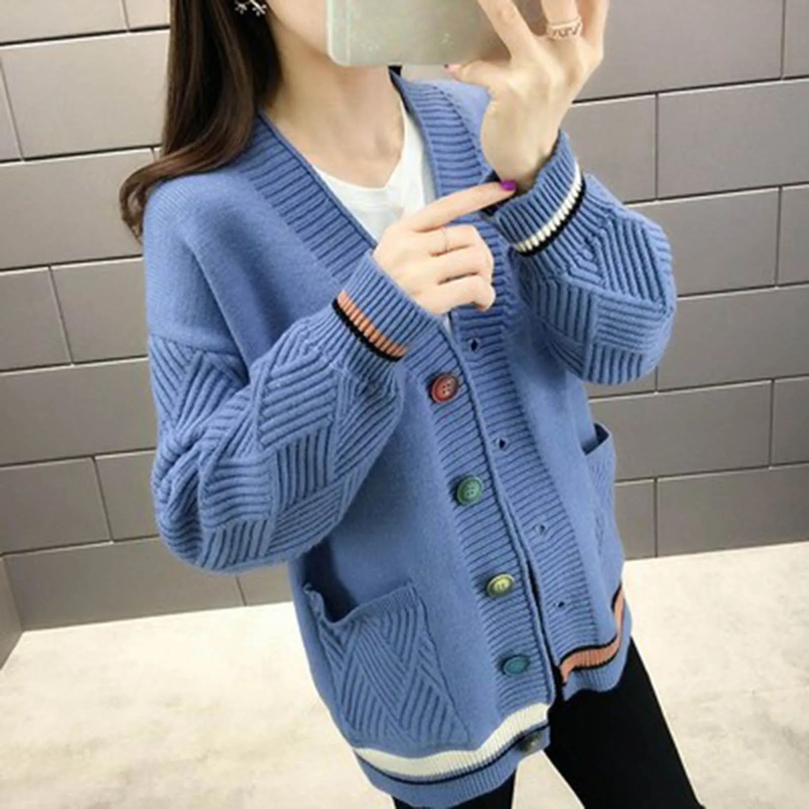 

Women Casual V Neck Button Long Sleeve Basic Knit Sweater Cardigan Knitwear Coat Women's Clothing pull femme