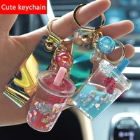 creative fruit strawberry milk tea keychain personality into oil pineapple acrylic quicksand bag pendant key chain ring