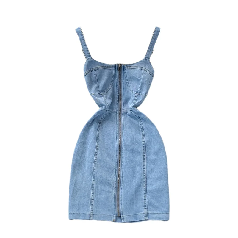 

French Girls Strap Denim Slip Dress Women Slim Fit Bra Show Thin Suspender Age Reducing Bodycon Backless Hole Dresses