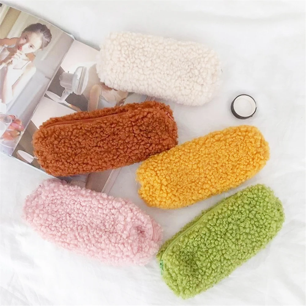 

Cute Candy Color Fluffy Pencil Bag Kawaii Plush Cosmetics Pouch Pen Holder Stationery Organizer Makeup Bags Zipper Pouch