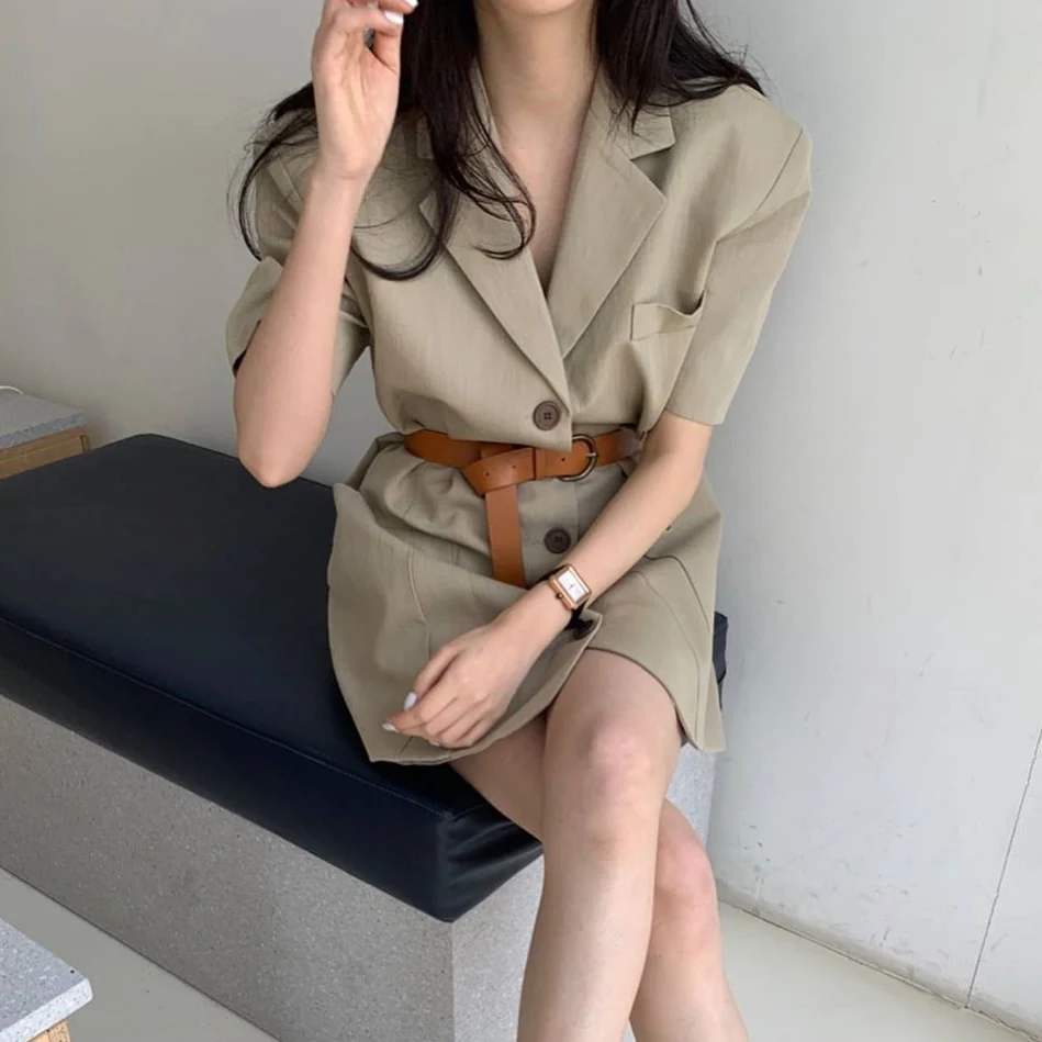

bodycon dress Fashion elegant casual female short dress Summer women belt blazer dress Women party short sleeve