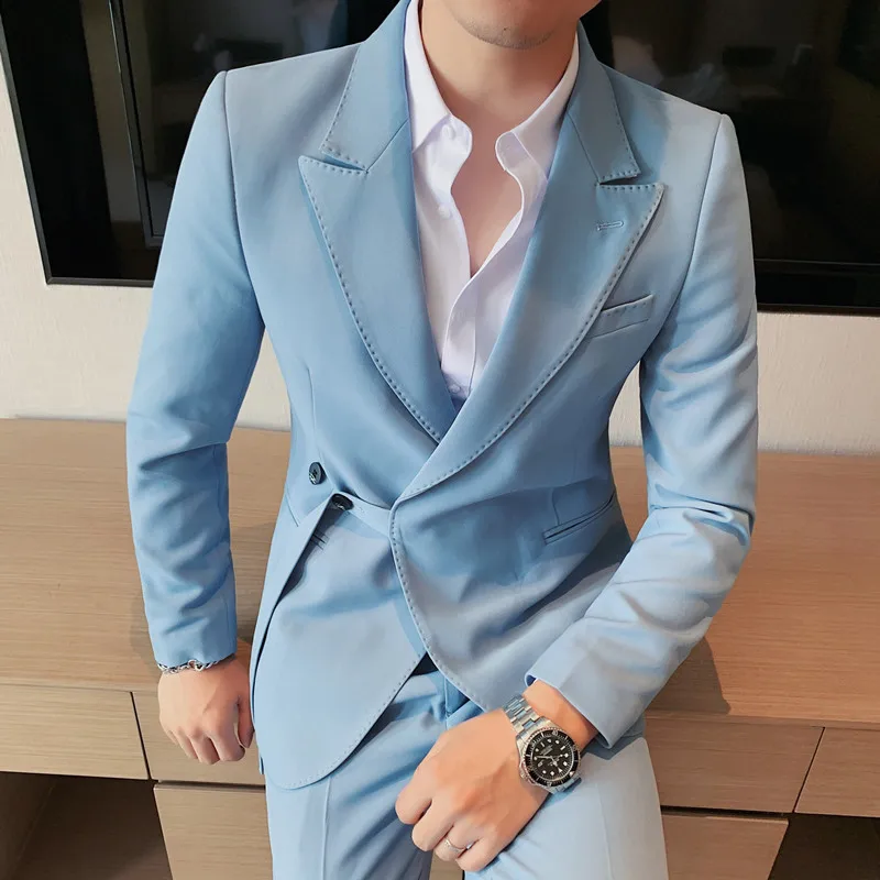 

( Jacket + Pants ) Boutique Fashion Solid Color Men's Casual Suit Two-piece Set Banquet Wedding Dress Party Suit Male Banquet