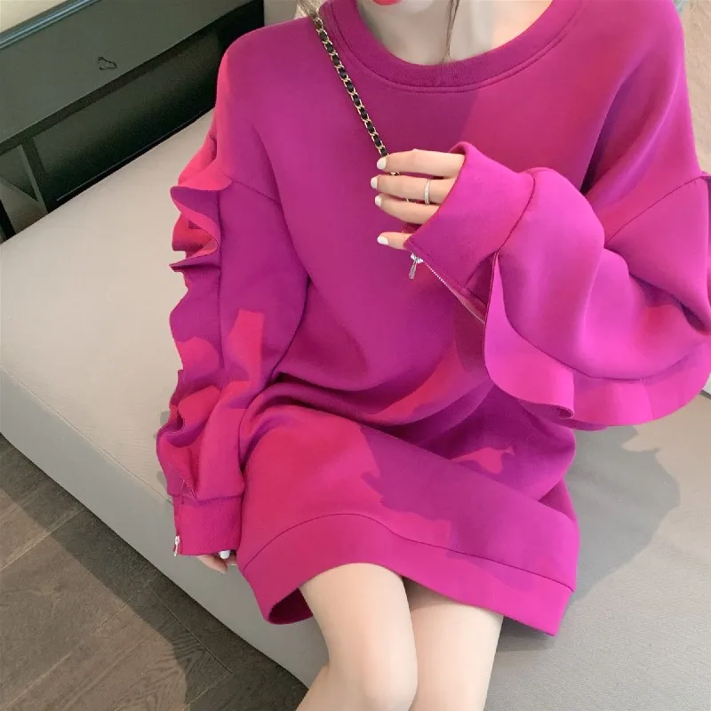 

Пуловер средней длины из хлопка; Толстовка на молнии с оборками; Лоскутные толстовки с длинными рукавами; Джемпер; Сезон осень-зима; 6D465