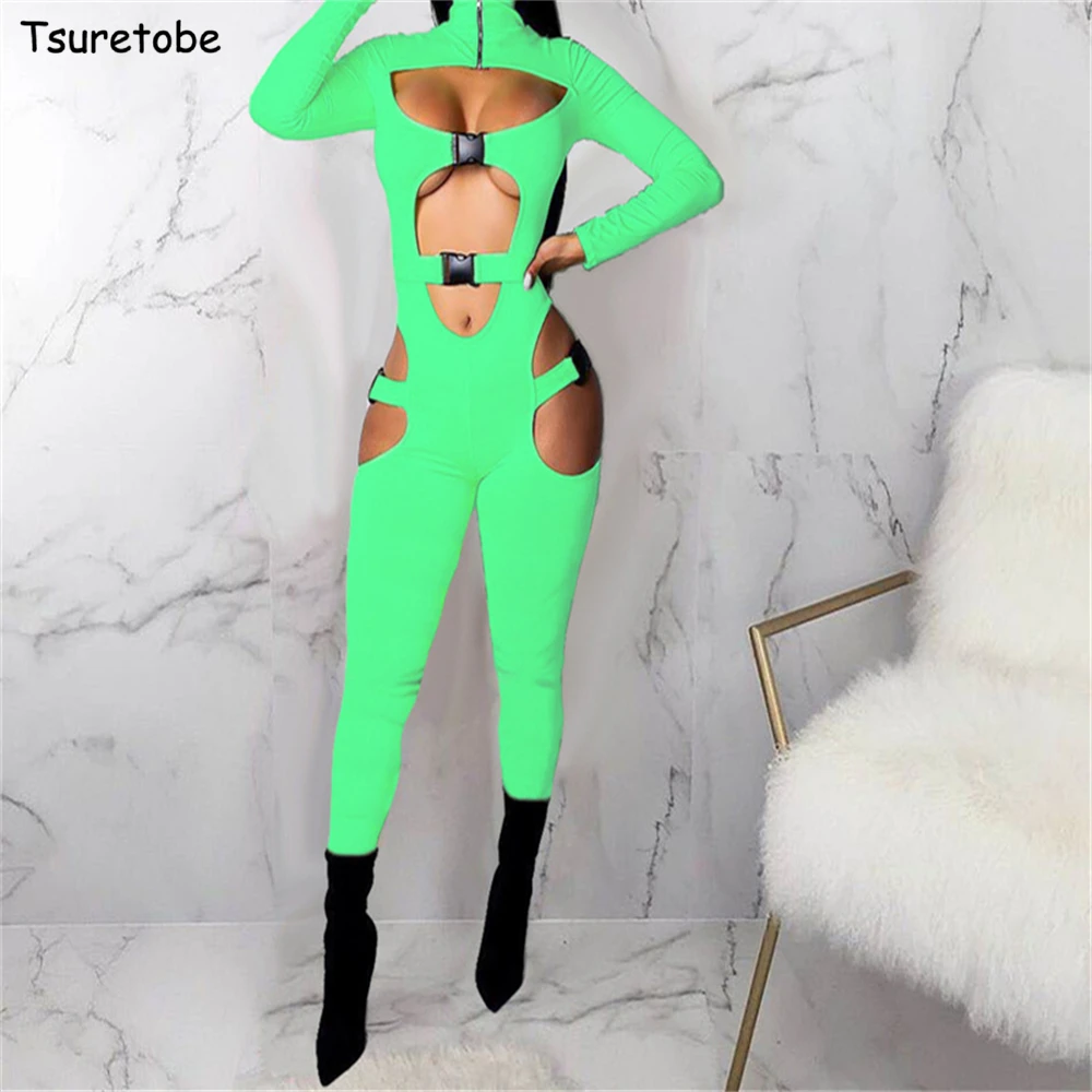 

Однотонный женский комбинезон Tsuretobe с вырезами, облегающая Сексуальная Клубная одежда для вечерние НКИ, Осенний цельный костюм-карандаш с д...