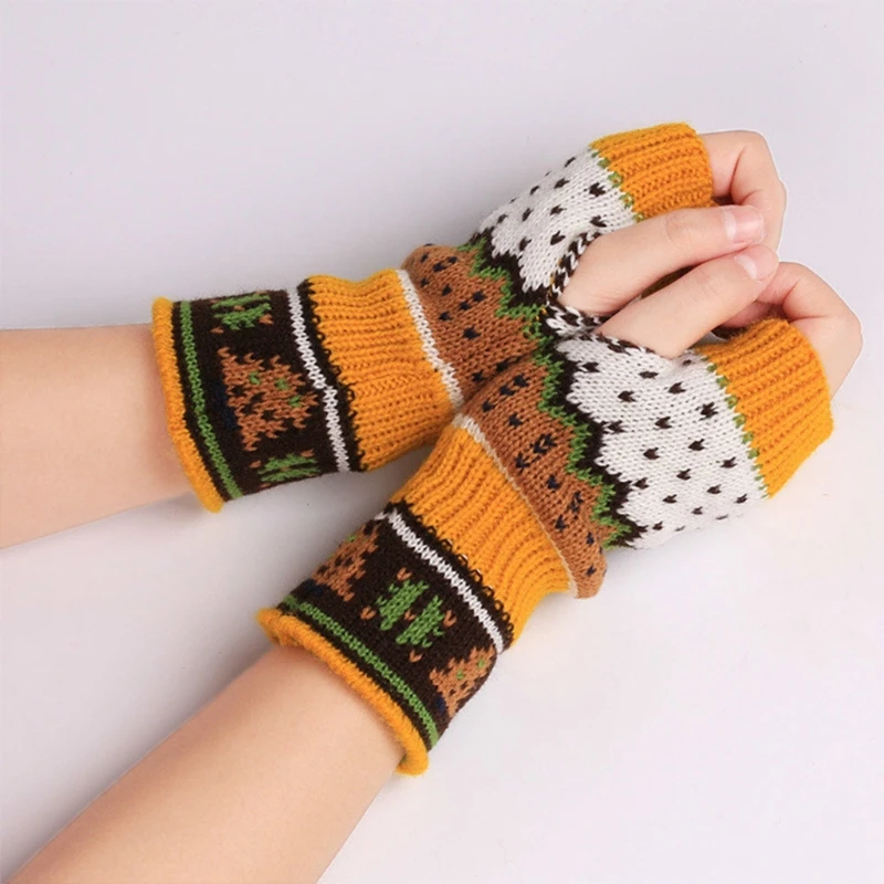 

Women Winter Knitted Fingerless Gloves Contrast Colored Christmas Tree Jacquard Half Finger Mittens Thumbhole Arm Warmer