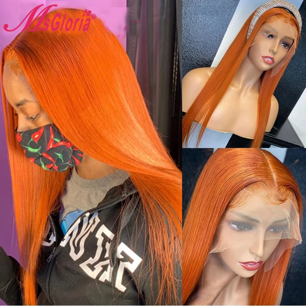 

13x4 кружева фронтальной парик Цветной парики из натуральных волос на кружевной имбирь прямой парик предварительно вырезанные бразильские н...