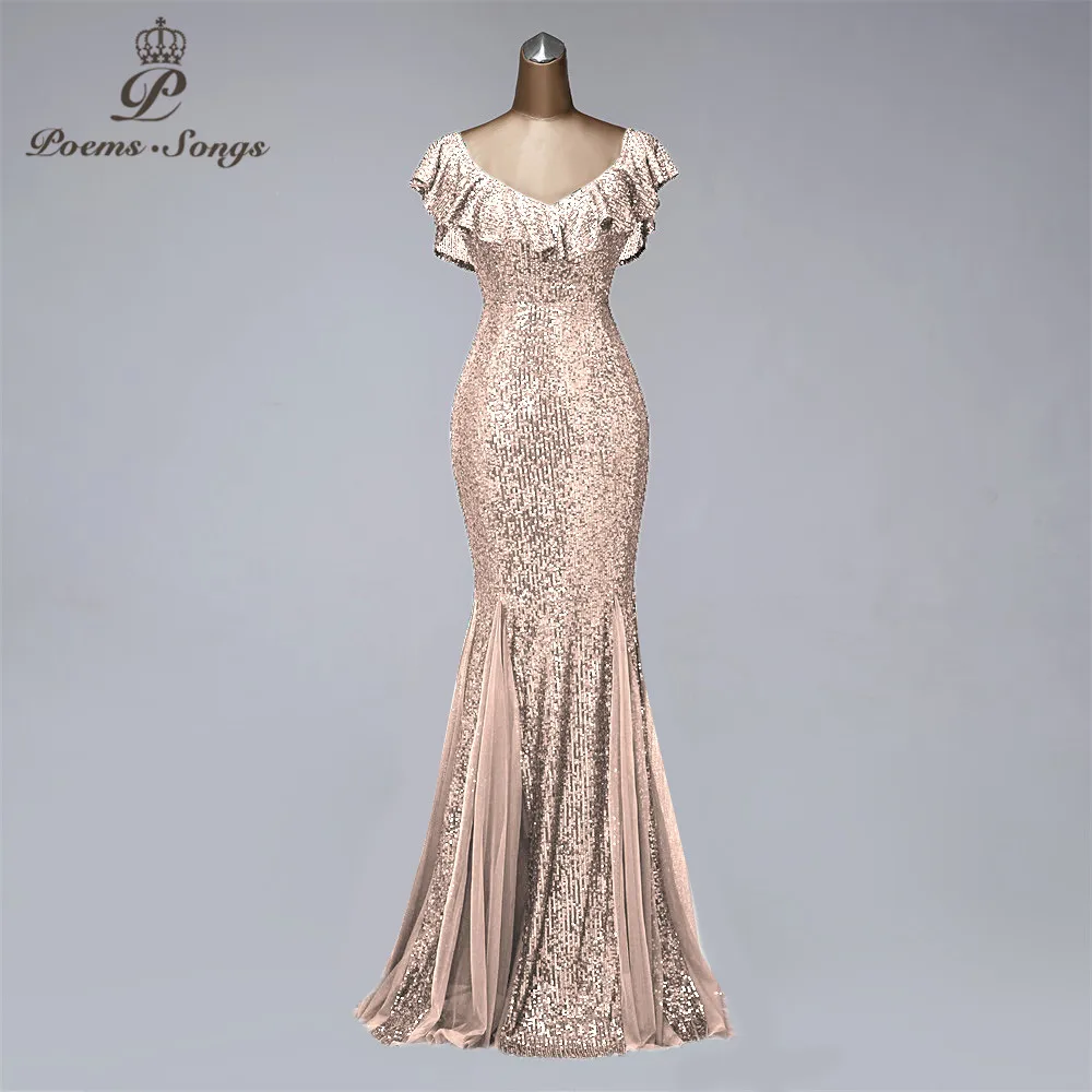 Женское вечернее платье русалка элегантное Золотое Платье с v образным вырезом и