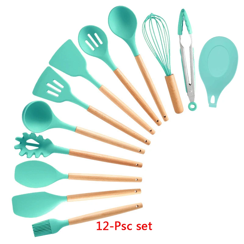 12- kitchen set Набор для кухни, 11/12 предметов. силиконовых кухонный набор, антипригарная, деревянная, ручка, набор кухонных инструментов, набор кухонных принадлежностей, c держателем коробка, для готовки,кухонная утварь - Цвет: 12- kitchen set