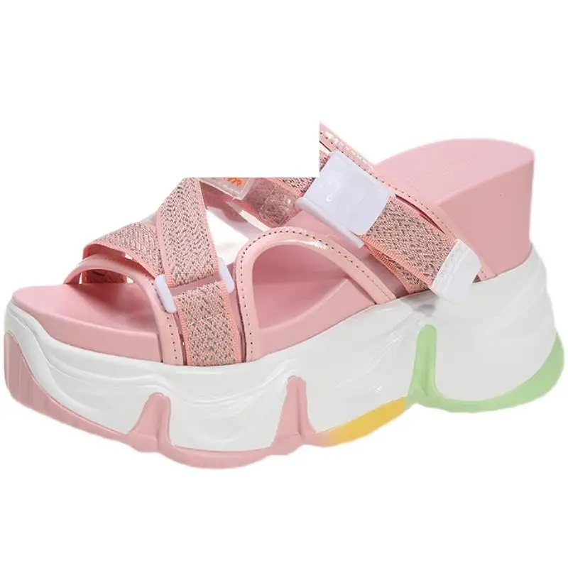 

Slippers Women Summer Slides On A Wedge Shoes Platform Fashion Pantofle Heeled Mules Luxury Soft 2021 Flat High Casual Rome PU