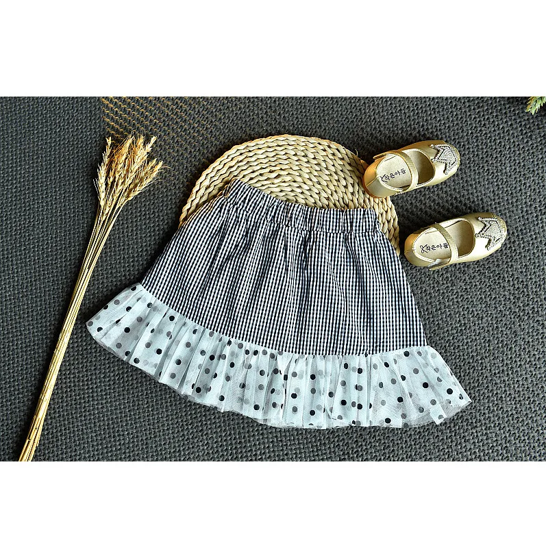 

Girls' suit summer new bubble Short Sleeve Plaid top T-shirt lace skirt foreign trade children's wear