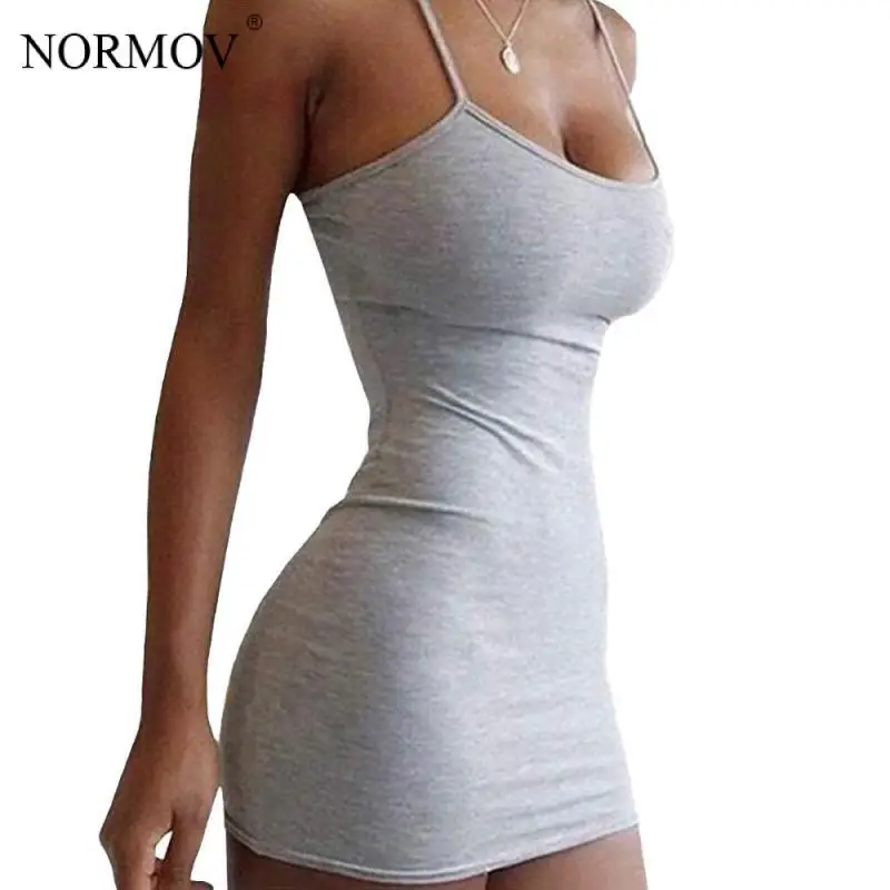 NORMOV Sexy Bodycon Dress Womens Summer Casual Cotton Stretchy Sleeveless Solid Elastic Thin Shoulder | Женская одежда