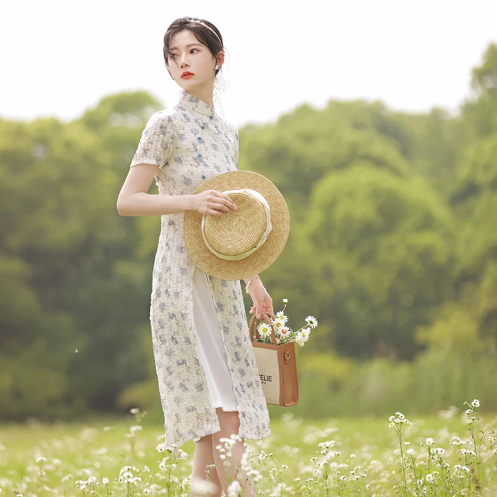 

Summer Chinese Improved Traditional Cheongsams Ao Dai Young Girls Short Sleeve Chiffon Floral Printing Dress Women