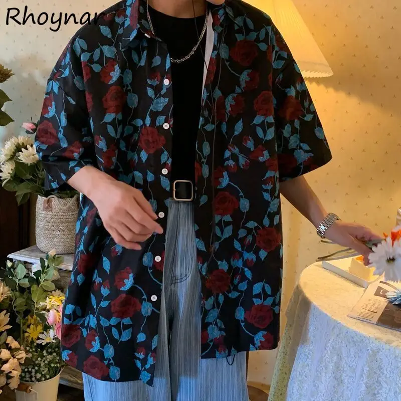 

Shirts Women Rose-print Vintage New Students Summer Loose Unisex All-match Fashion Harajuku Thin Hipster Aesthetic Classic Soft