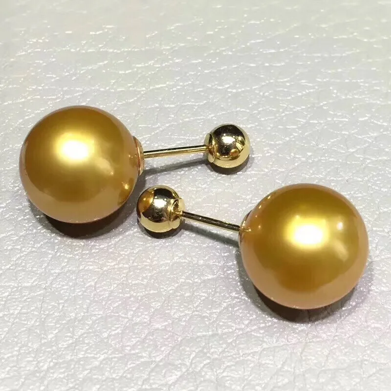 Женские жемчужные серьги круглые с натуральным пресноводным золотом 18 К 10-11 мм 922
