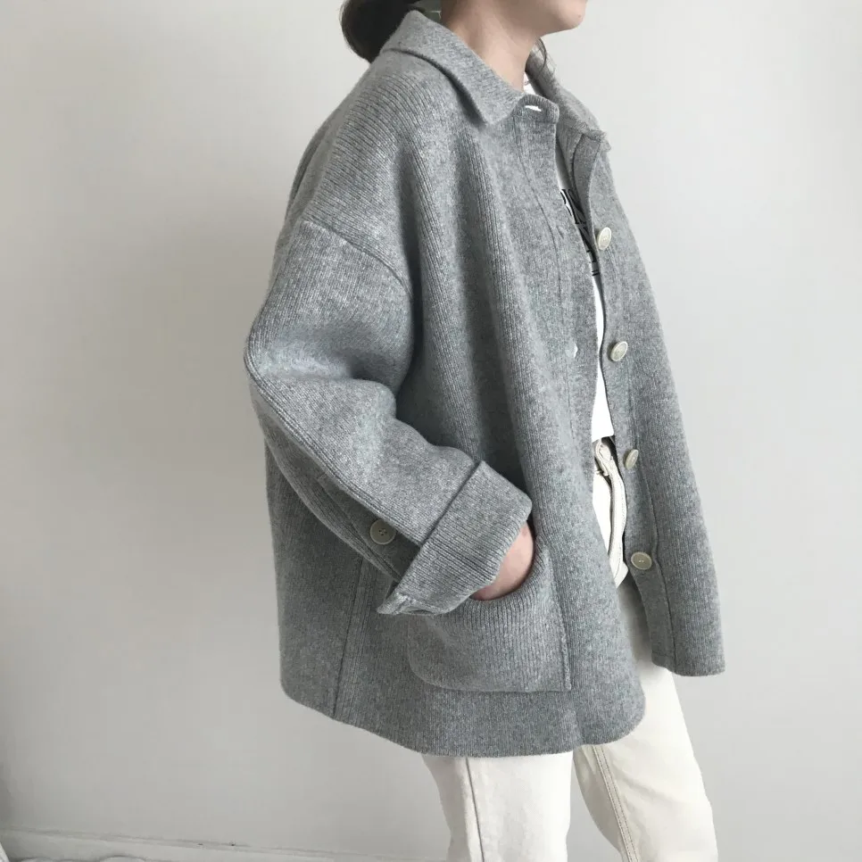Корейский вязаный кардиган, свитер, женский зимний джемпер, Пальто Harajuku, элегантный повседневный Свободный кардиган с длинным рукавом, однобортное пальто