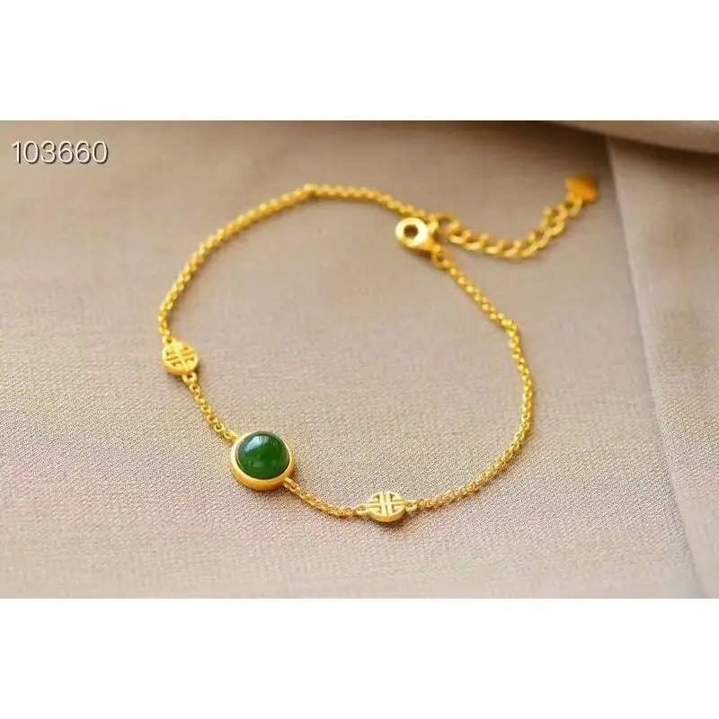 

S925 Sterling Silver Embedded Natural Jasper Silver Jewelry Vintage Bracelet Natural Jasper No Black Dots Gilding Craft Color Re