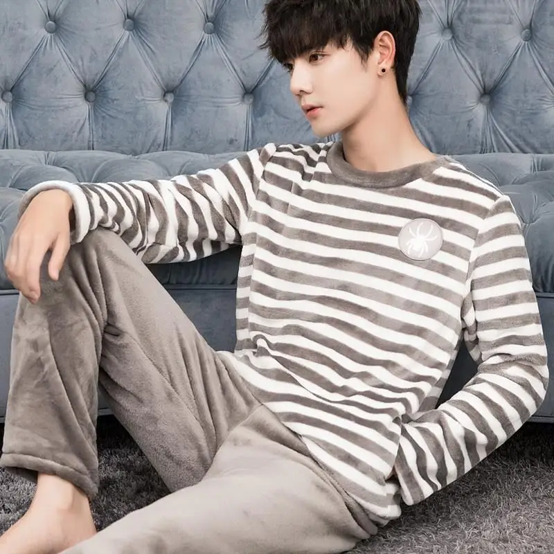 

Warm Sleepwear Men's Flannel Winter Thick Pajama Male Thick Long Sleeve Pijama Casual Autumn Pyjamas Men Coral Fleece Sleep 2XL