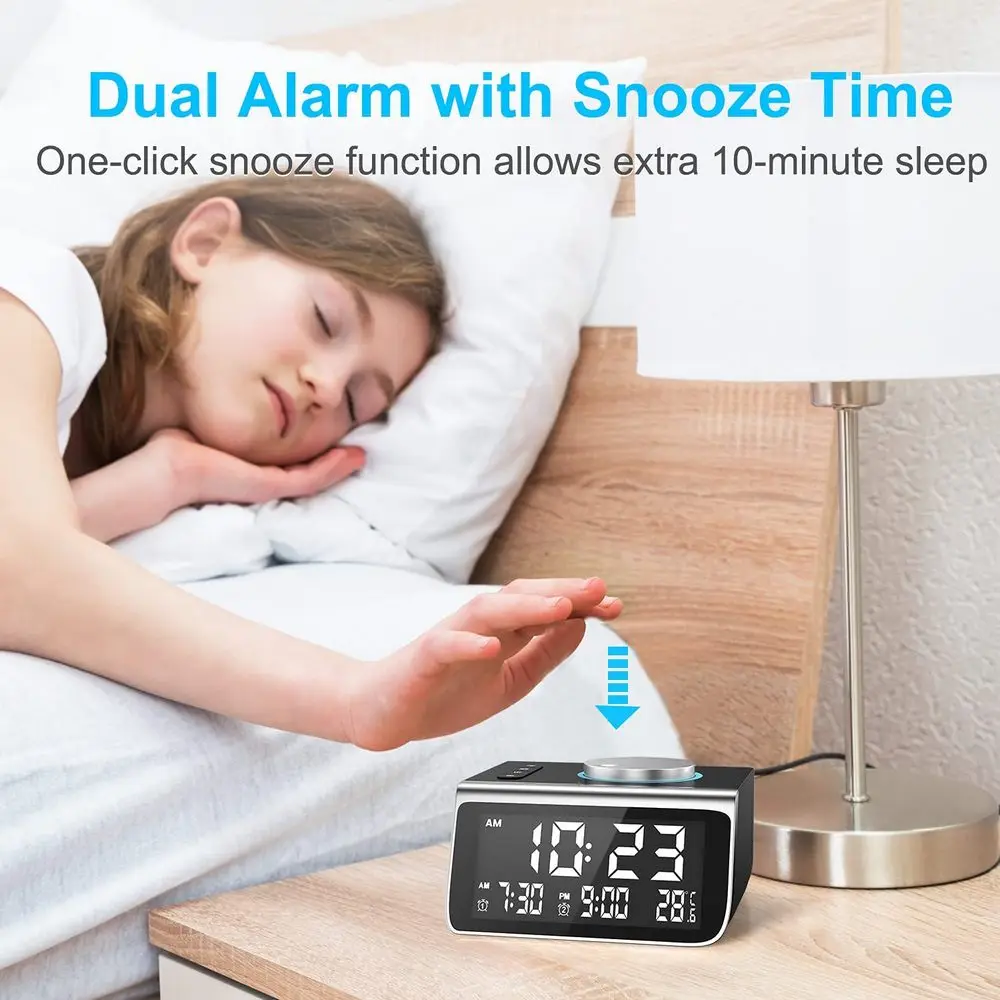 

Alarm Clock Radio with USB Charging Port Electric Clock with Brightness Dimmer Adjustable Alarm Volume FM Sleep Timer