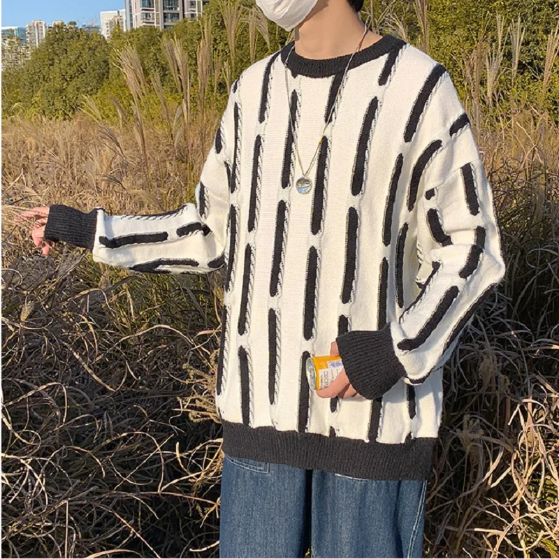 

Men's Fashion Loose Round Neck Knitted Sweater ins Korean Color Blocking Long Sleeve Pullover Tide Brand Harajuku Sweater
