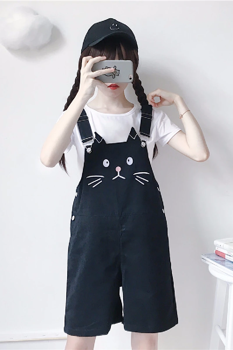 Летние новые женские шорты на подтяжках милые с вышивкой в виде кота Свободные