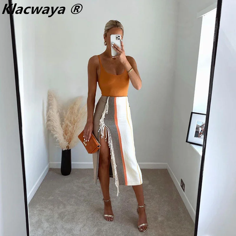 

Klacwaya 2021 Женская модная Полосатая юбка с бахромой винтажная юбка с высокой талией и разрезом спереди элегантная женская уличная одежда миди-...