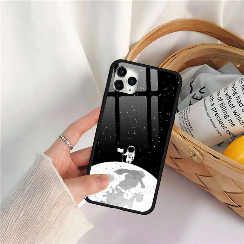 

Black White Moon Stars Space Astronaut Phone Case Tempered glass For iphone 11 12 PRO MAX X XS XR 5C 6 6S 7 8 plus