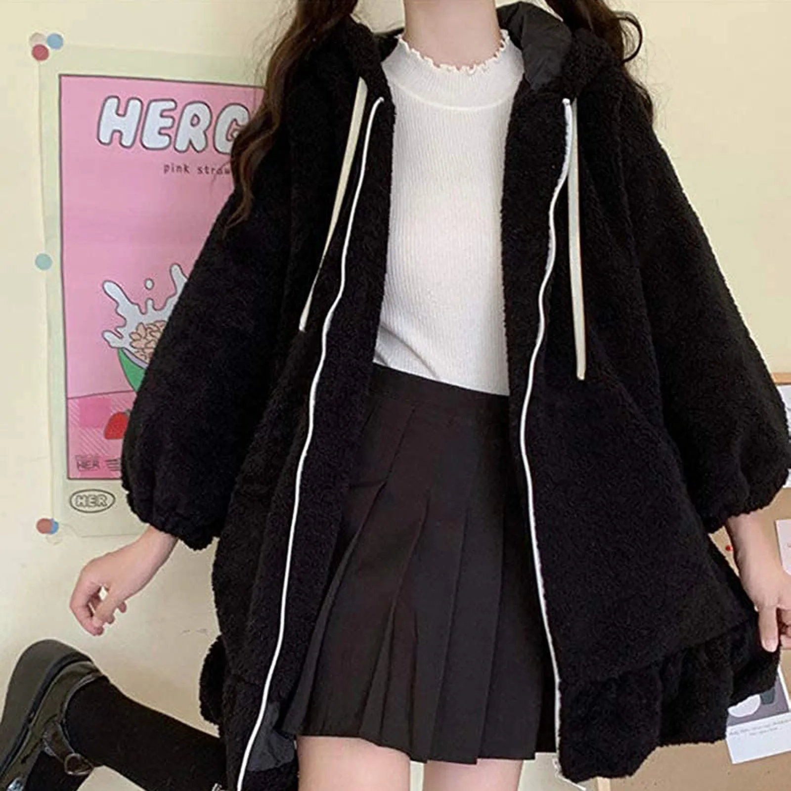 Bunny Ear Hoodie Women Kawaii Oversized Casual Solid Color Sweatshirt Loose Fluffy Rabbit Long Sleeves Cute Zip Up Jacket | Женская