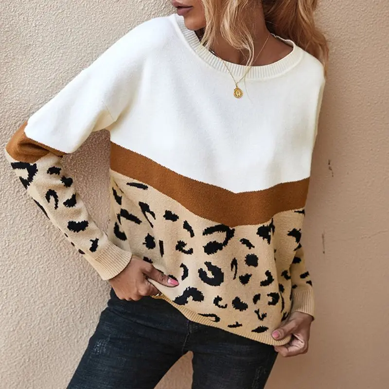 Women Autumn Winter Leopard Knitted Sweater Casual Long Sleeve Pullover Tunic BX0B