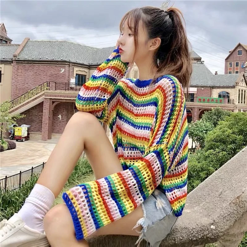HOUZHOU Rainbow Women Sweetshirts Vintage Mesh Clothes Cute Knitted Top Oversize Long Sleeve Aesthetic Pullover Korean Fashion