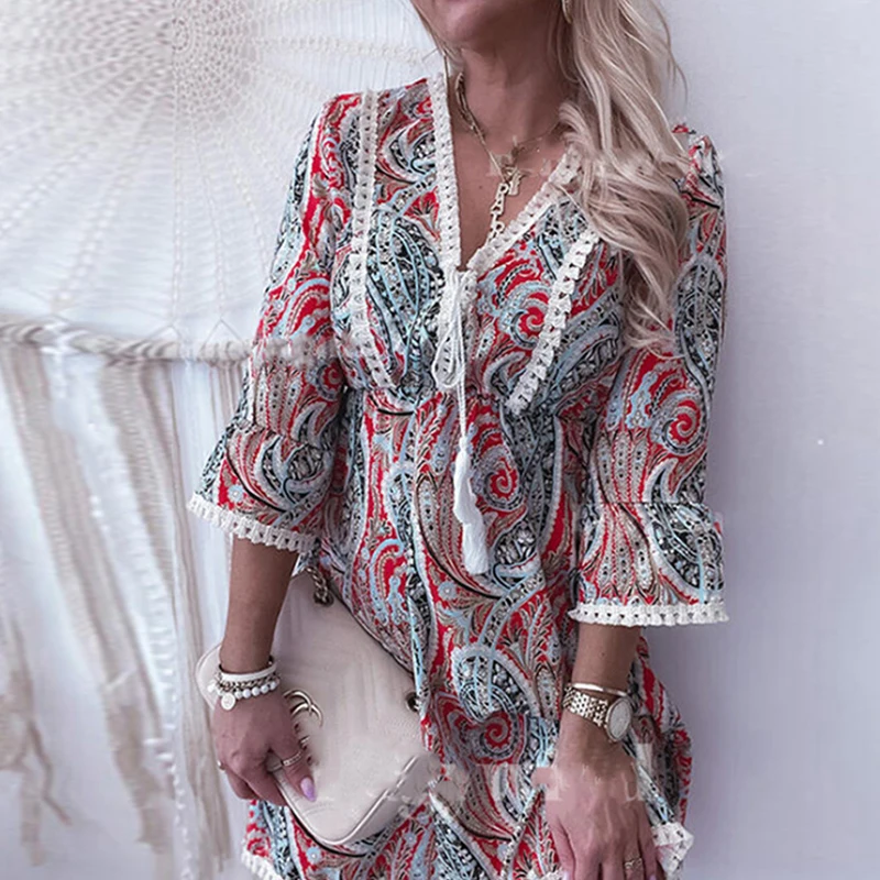 

Autumn Casual 3/4 Sleeve Mini Dress Summer Vintage Pattern Print Shirt Dress Women Sexy V Neck Tie-up Tassel Party Dress Vestido